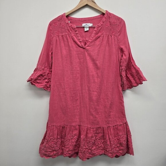 Vineyard Vines Dresses & Skirts - Vineyard Vines Dyed Pink Embroidered Flutter Sleeve Linen Blend Lined Dress Sz 8